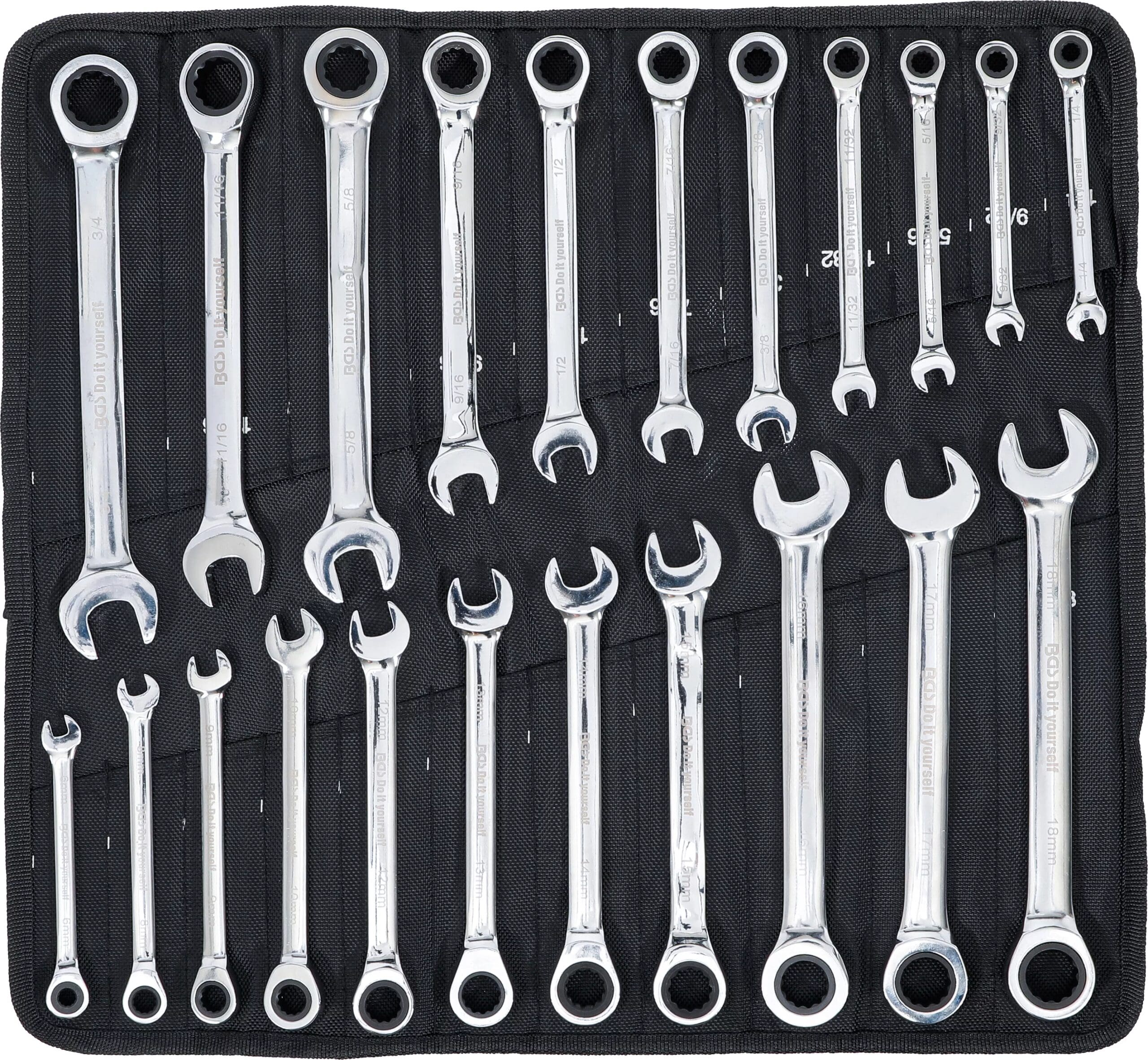 BGS technic Jeu de clés mixtes à cliquet | métriques + pouces | 22 pièces