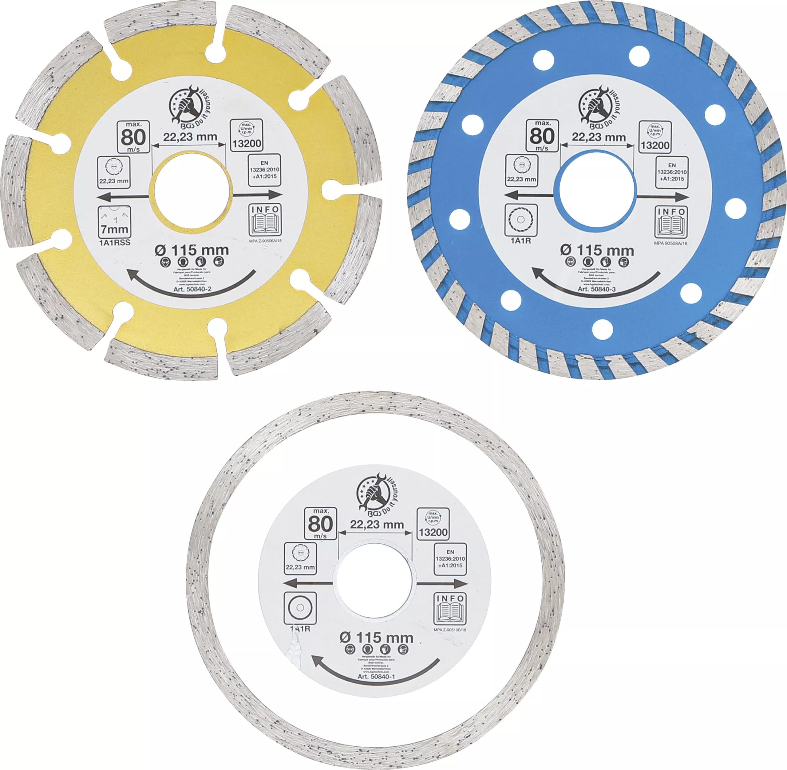 BGS technic Jeu de disques de coupe au diamant | Ø d’perçage frontal 20 mm | Ø 115 mm | 3 pièces