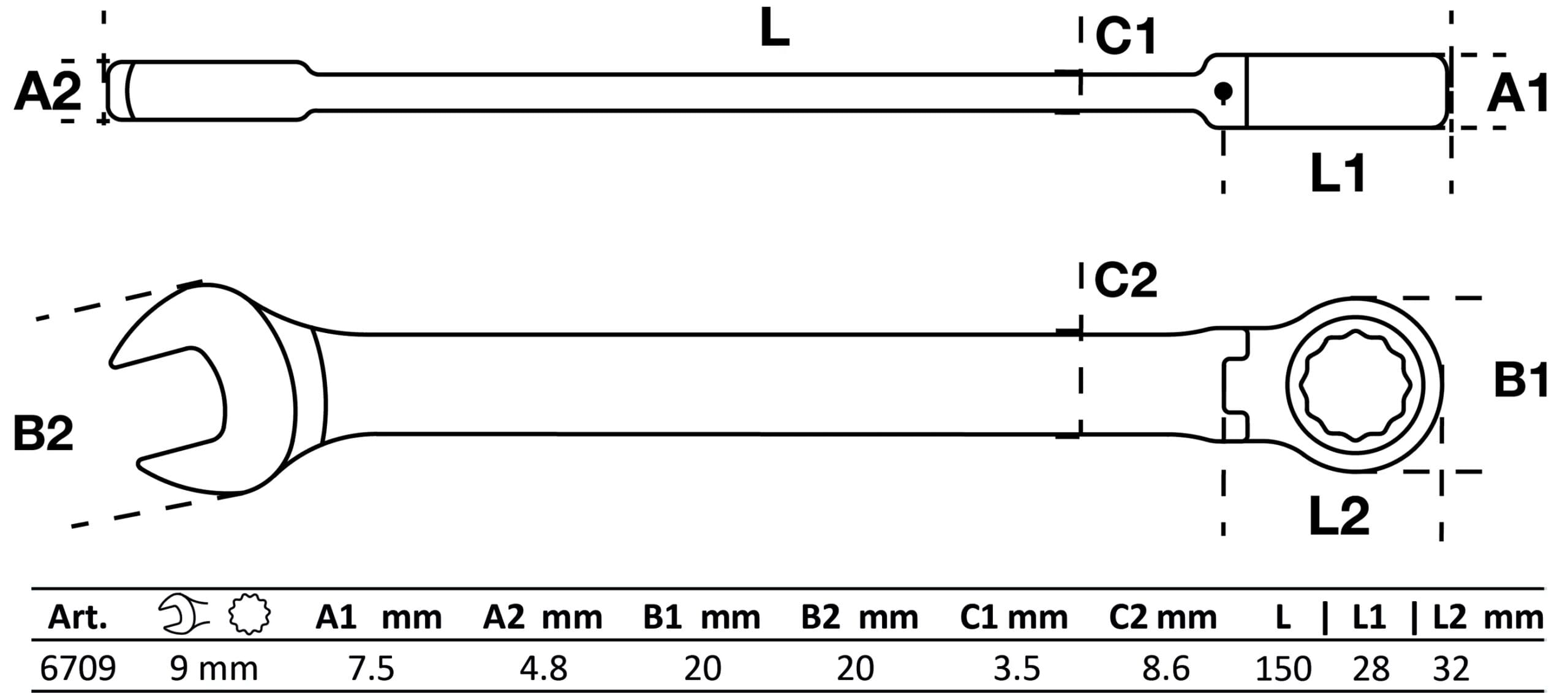 BGS technic Clé mixte à cliquet | à couder | 9 mm BGS technic Clé mixte à cliquet | à couder | 9 mm
