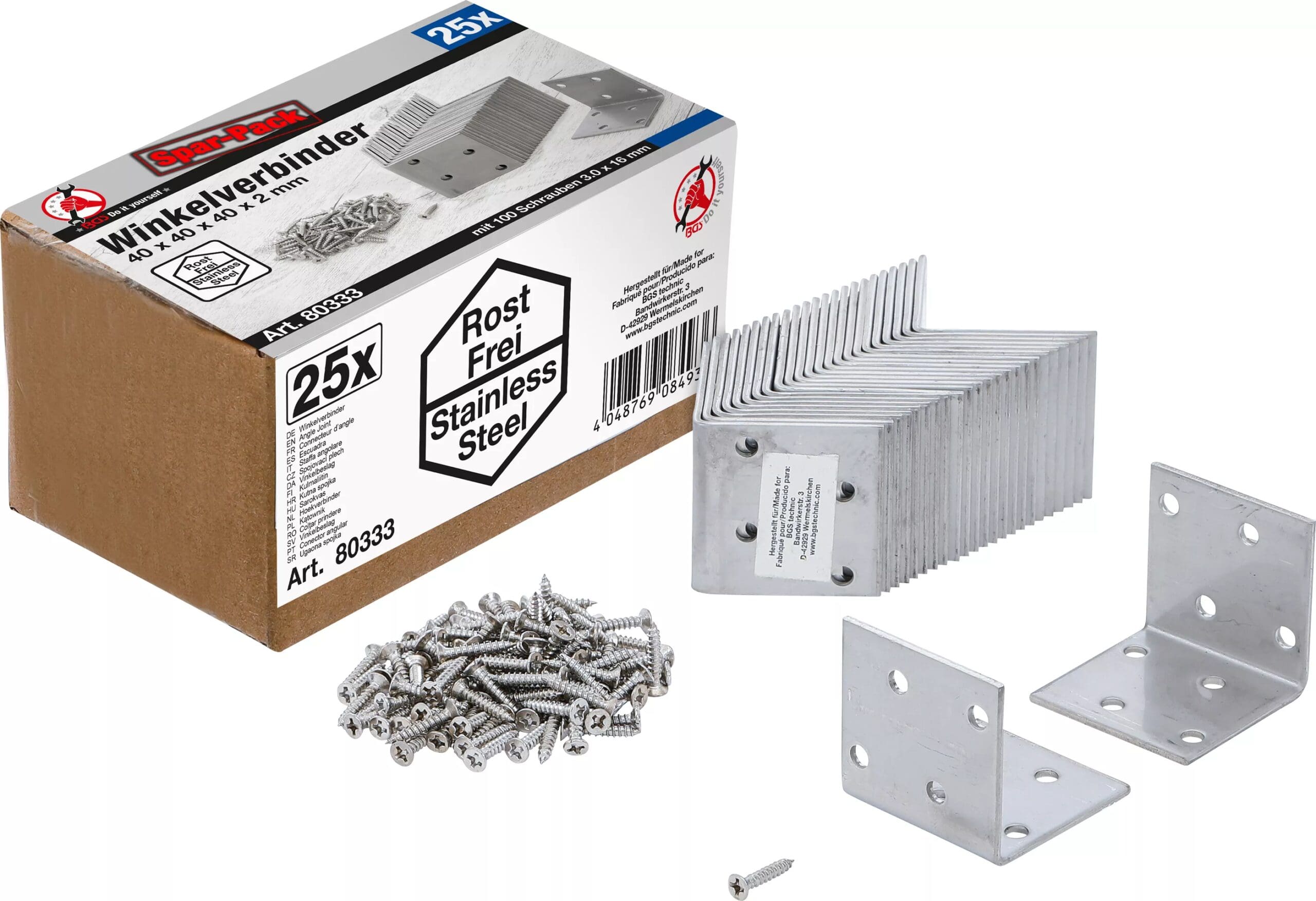 BGS technic Connecteur d’angle | inoxydable | 40 x 40 x 40 mm | Pack économie | 25 pièces