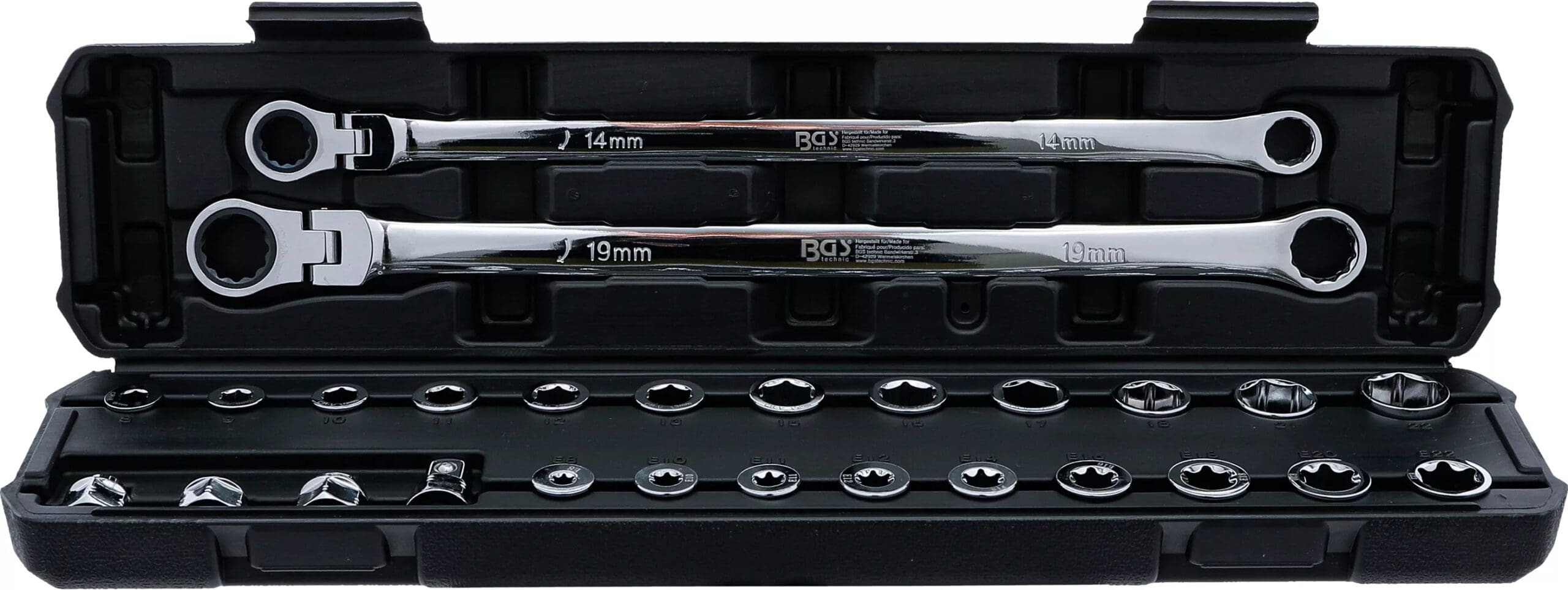 BGS technic Jeu de clés annulaires et articulées à cliquet | extra longues | 27 pcs.