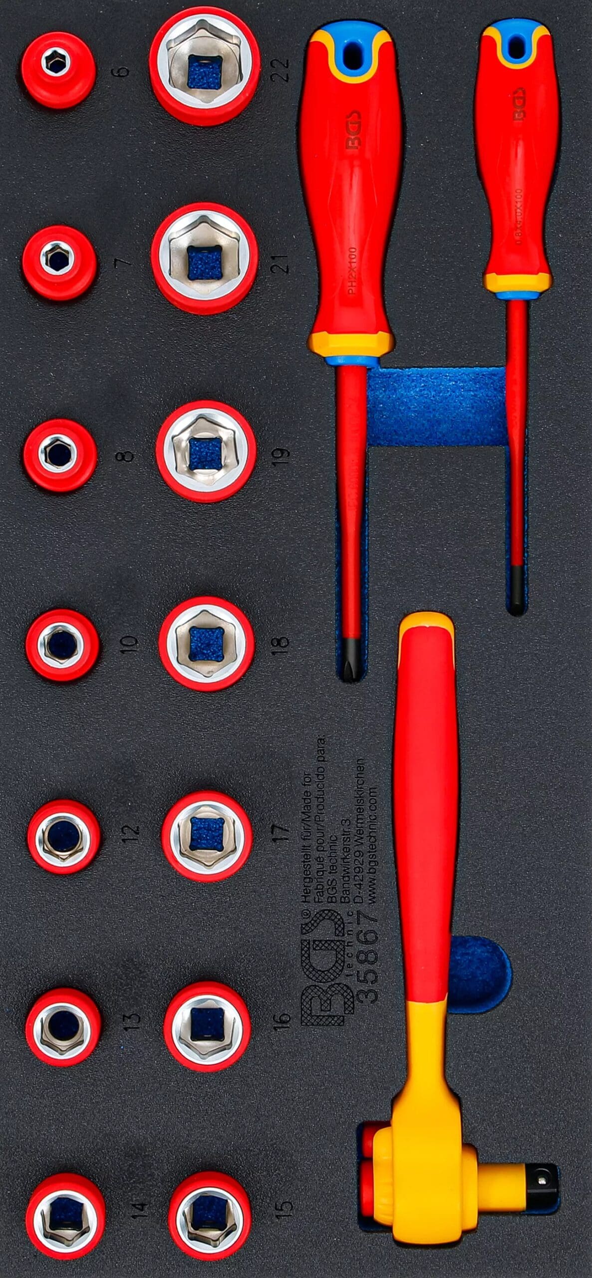 BGS technic Insert de servante d’atelier 1/3 : Jeu de douilles VDE et tournevis | 10 mm (3/8") | 17 pcs.